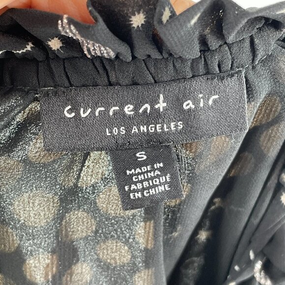 Current Air Black Gold Star Dot Print Long Sleeve Tiered Skirt Boho Mini Dress S - Picture 12 of 14